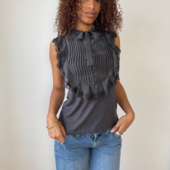 Vintage Kookai pleated silk-collar sleeveless top with lace trim (S/M) - Picture 6 of 9